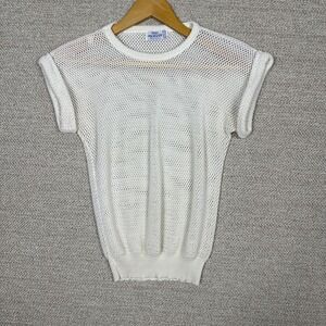 Vtg Sz S Women's White Mesh Knit Short Sleeve Top Sweater Retro Y2K 90s Roll Cap